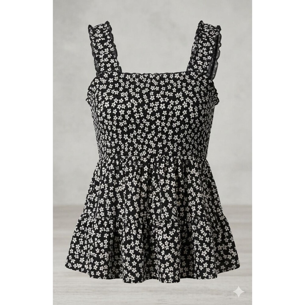 Boho Babydoll Top Ruffle Straps Blk/Wht Size L Y2K Cottage Floral Coquette Fairy - Picture 2 of 7
